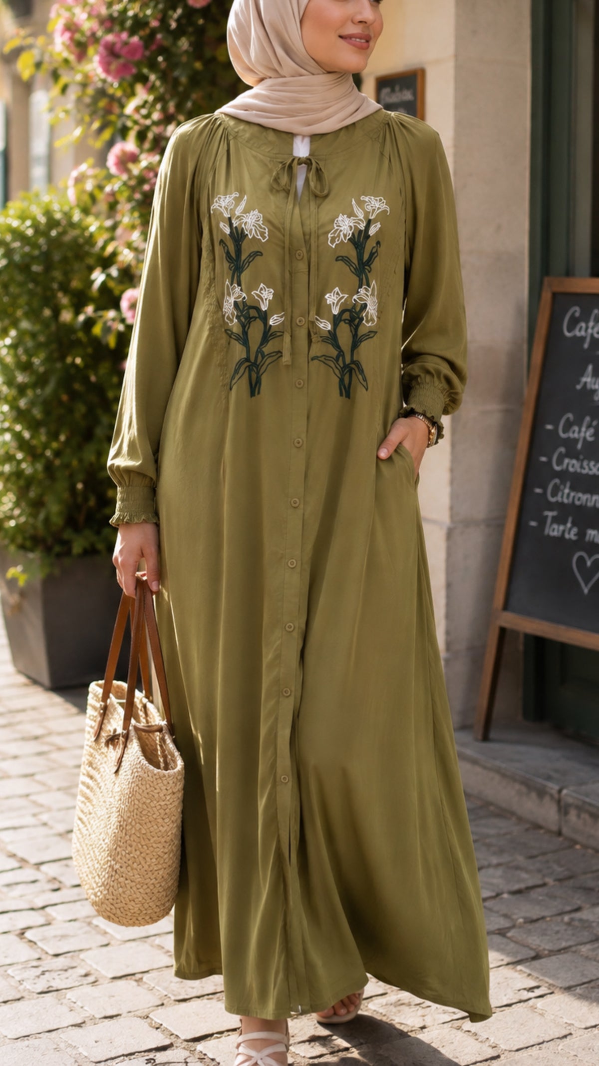Olive Embroidered Floral Button-Down Versatile Dress & Long Tunic