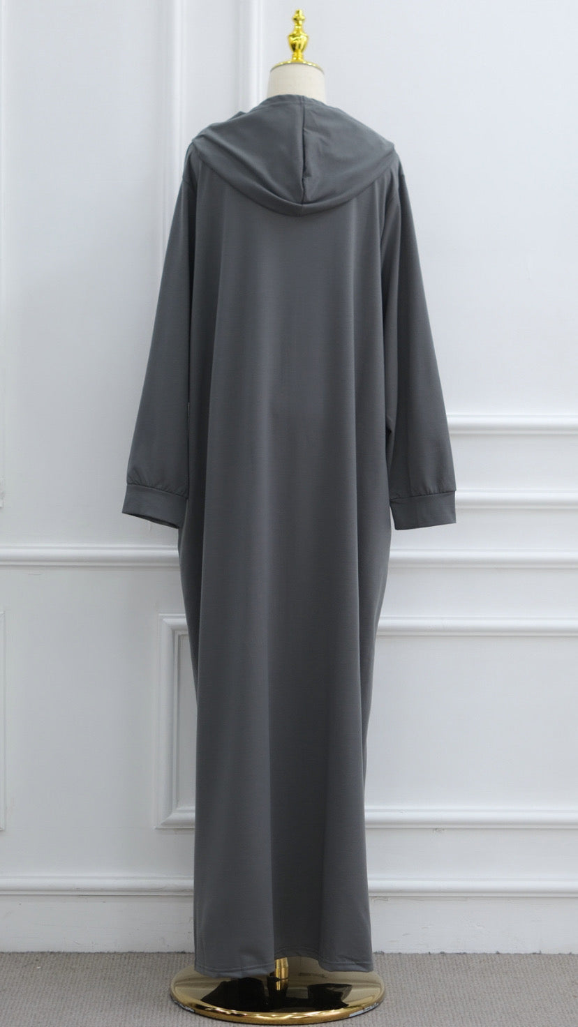 Gray Turkish Style Zipper Hoodie Abaya Dress