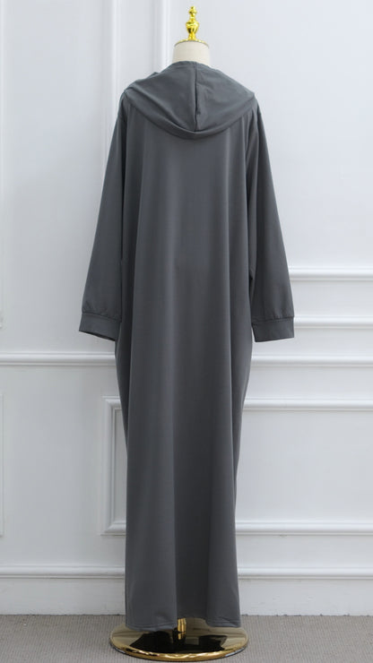 Gray Turkish Style Zipper Hoodie Abaya Dress