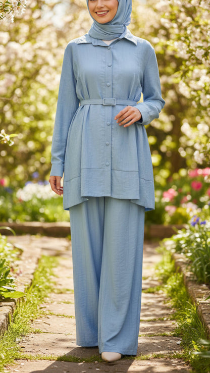 Summer Blue Button-Down Belted Pant Suit