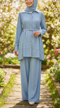 Summer Blue Button-Down Belted Pant Suit