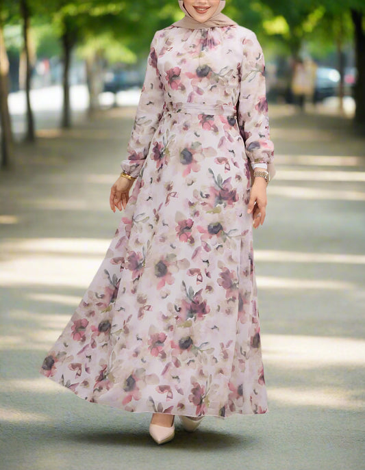Turkish Floral Watercolor Chiffon Dress