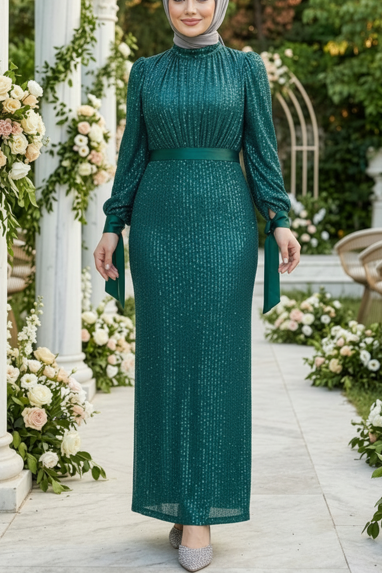 Elegant Belted Sequined Gown