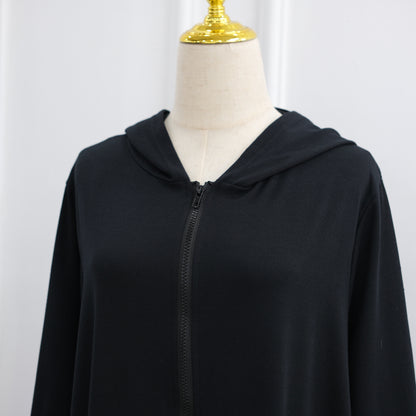 Black Turkish Style Zipper Hoodie Abaya Dress