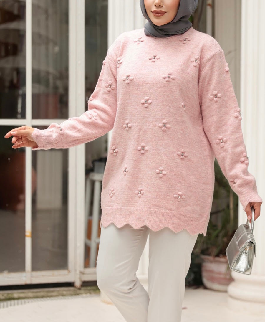 Turkish Style Knit Floral Embellished Sweater