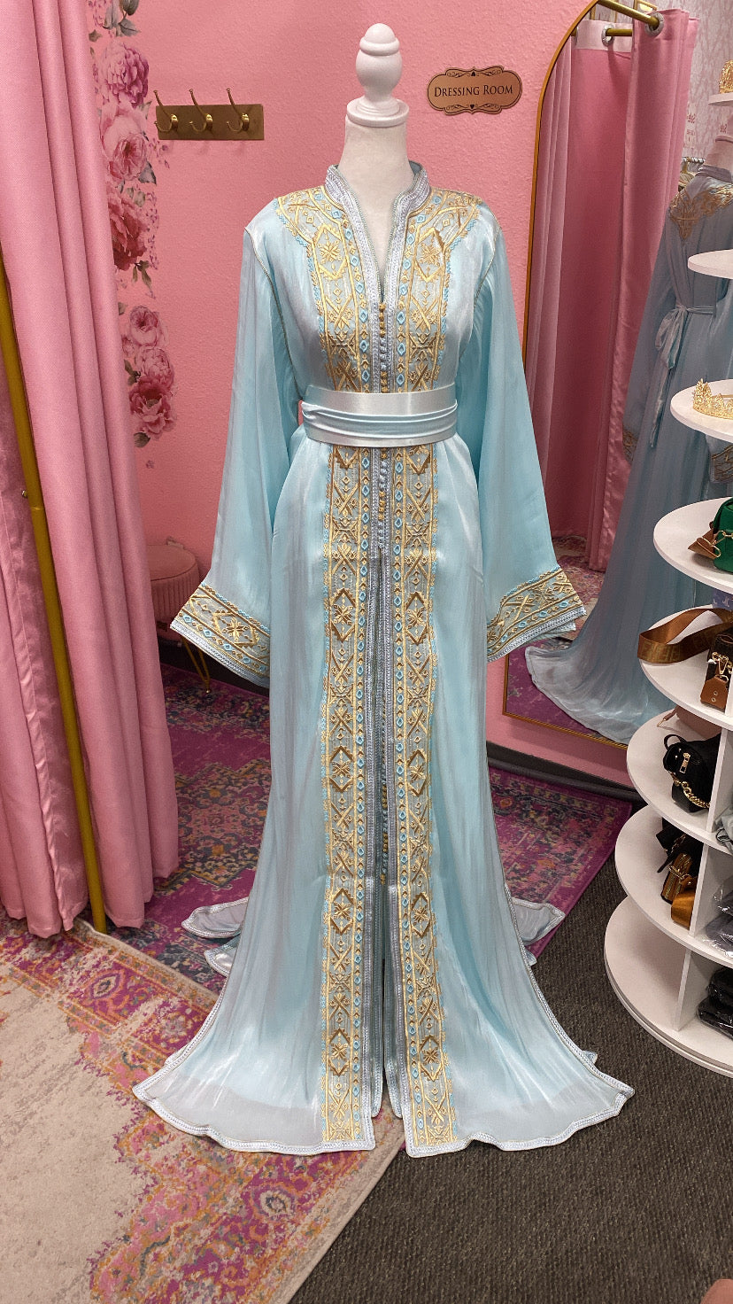 Moroccan Traditional Embroidered Satin Chiffon 2 Piece Caftan
