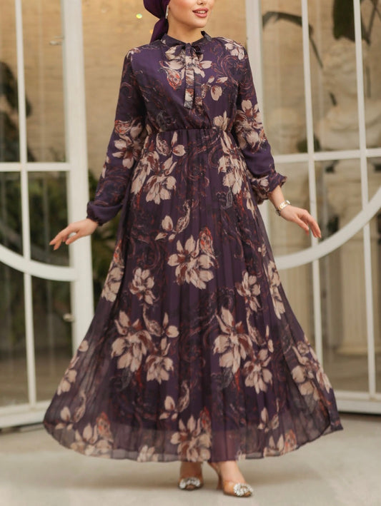 Turkish Floral Pleated Chiffon Dress