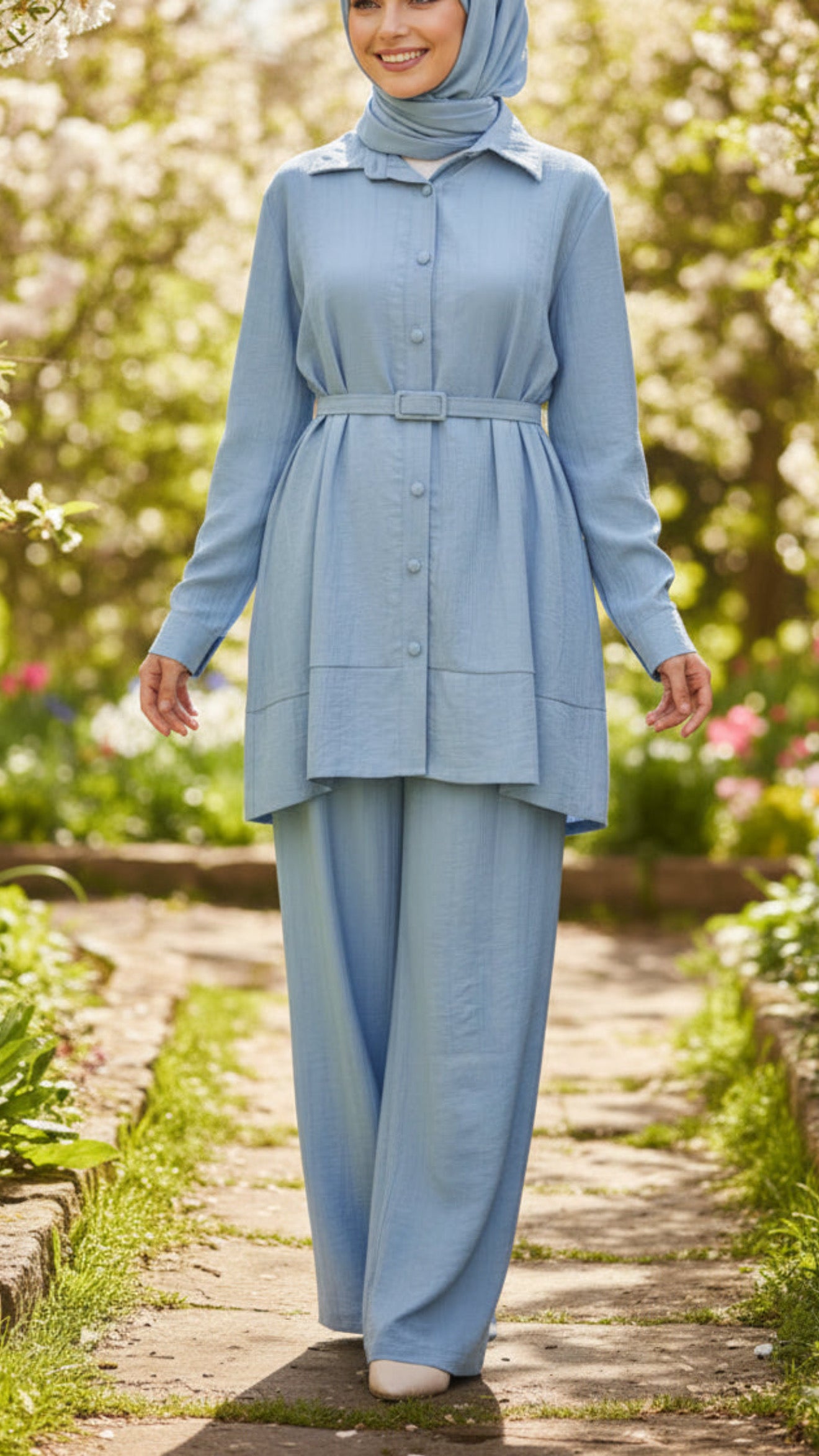 Summer Blue Button-Down Belted Pant Suit
