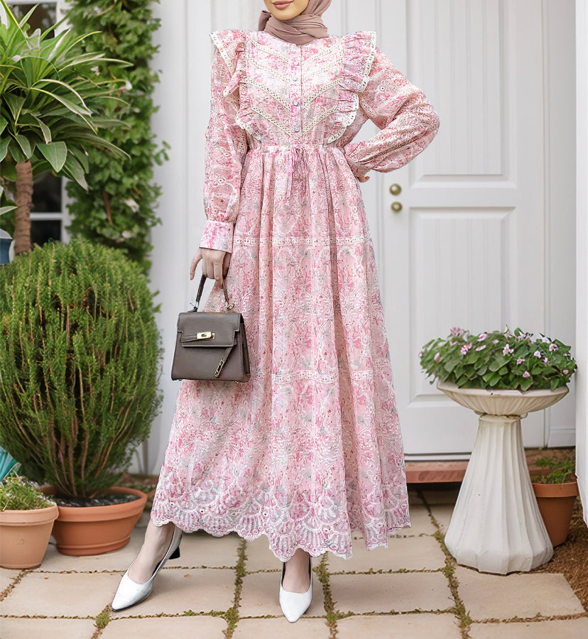 Floral Lace Ruffled Dress(Multi Color)