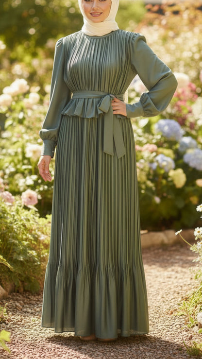 Pleated Satin Ruffle Top Sage Dress