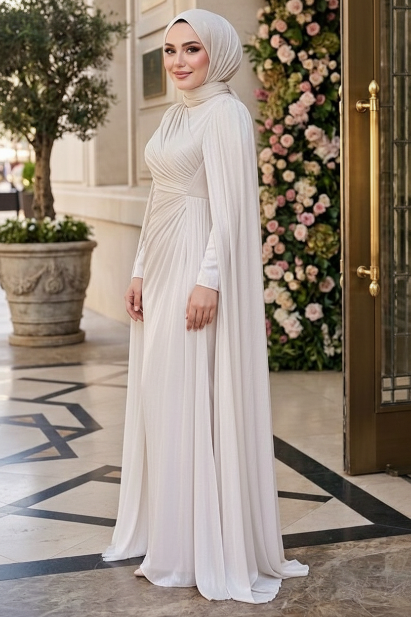 Elegant Silk Chiffon Draping Shoulder Cape Gown