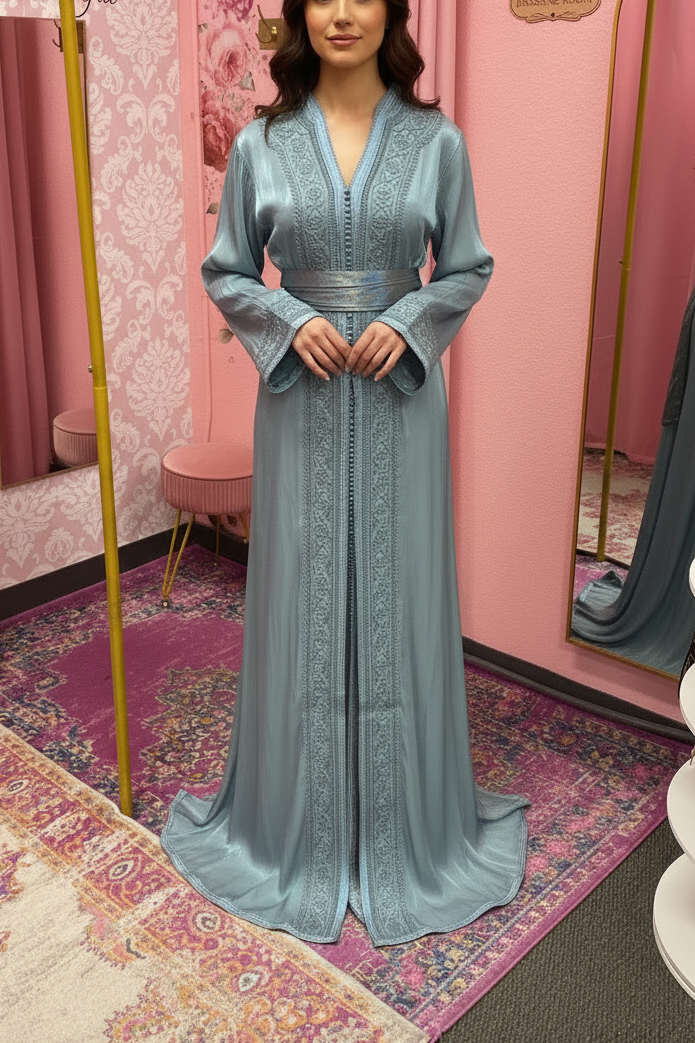 Moroccan Traditional Satin Chiffon 2 Piece Caftan