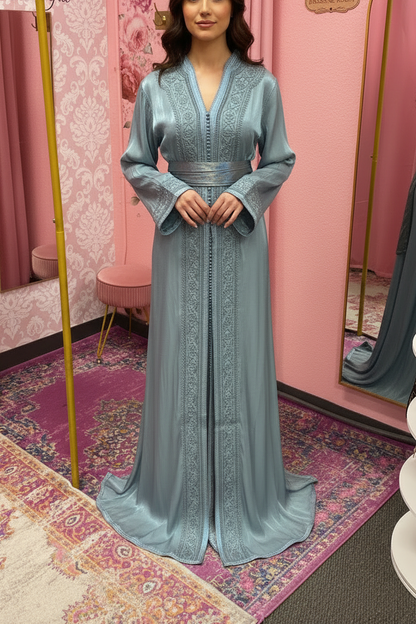 Moroccan Traditional Satin Chiffon 2 Piece Caftan