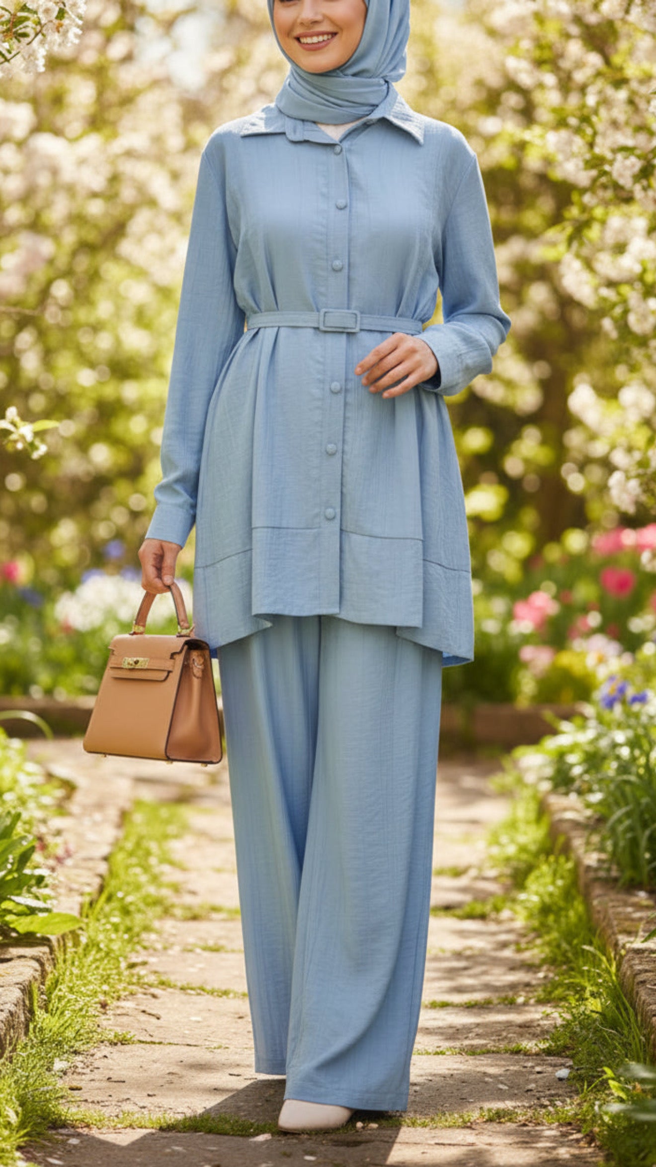 Summer Blue Button-Down Belted Pant Suit