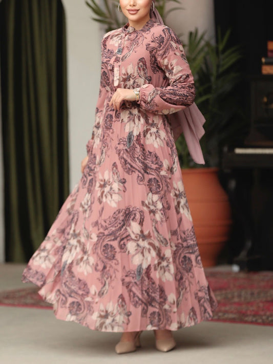 Turkish Floral Pleated Chiffon Dress
