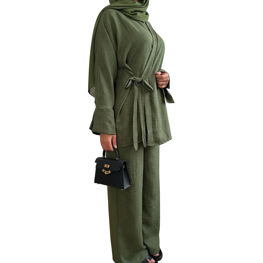 Belted Side Tie Kimono Style Pant Suit Set