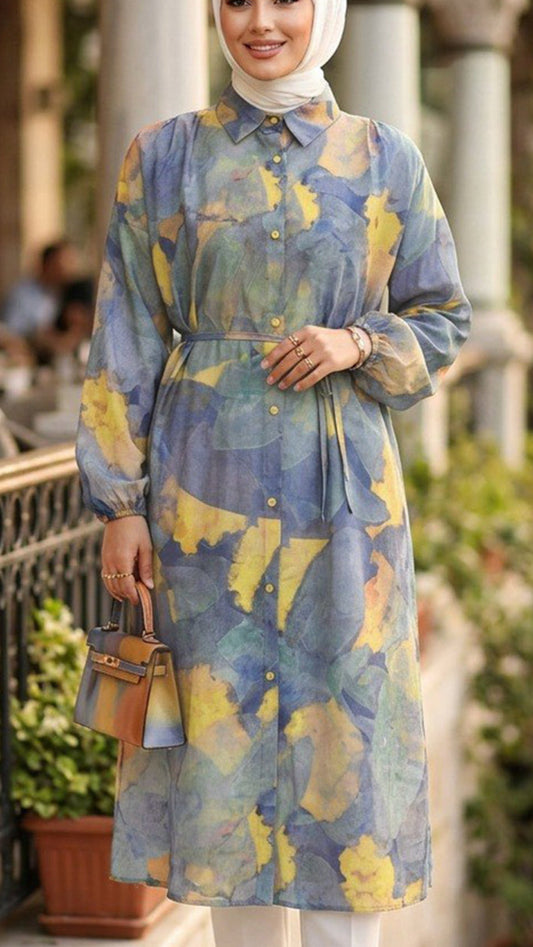 Summer Blue & Yellow Brushstroke Button Down Oversized Tunic