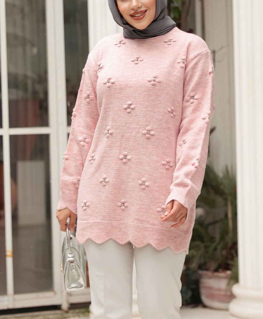 Turkish Style Knit Floral Embellished Sweater