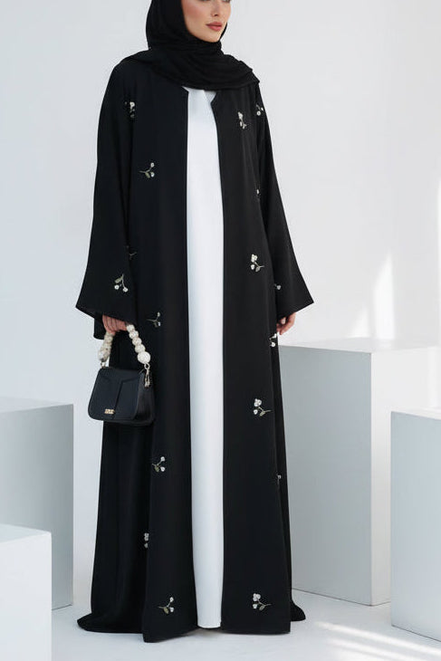 Floral Embroidered Open Abaya (With Attached Under Dress)