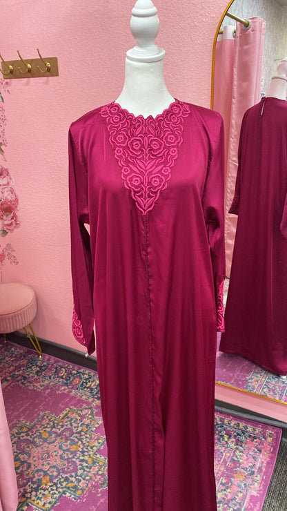 Traditional Moroccan Satin 2 Piece Djellaba Floral Embroidery