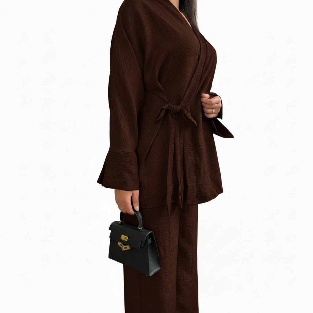 Belted Side Tie Kimono Style Pant Suit Set