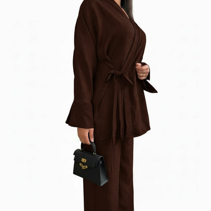 Belted Side Tie Kimono Style Pant Suit Set