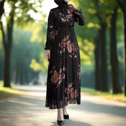 Black Beauty Pleated Floral Chiffon