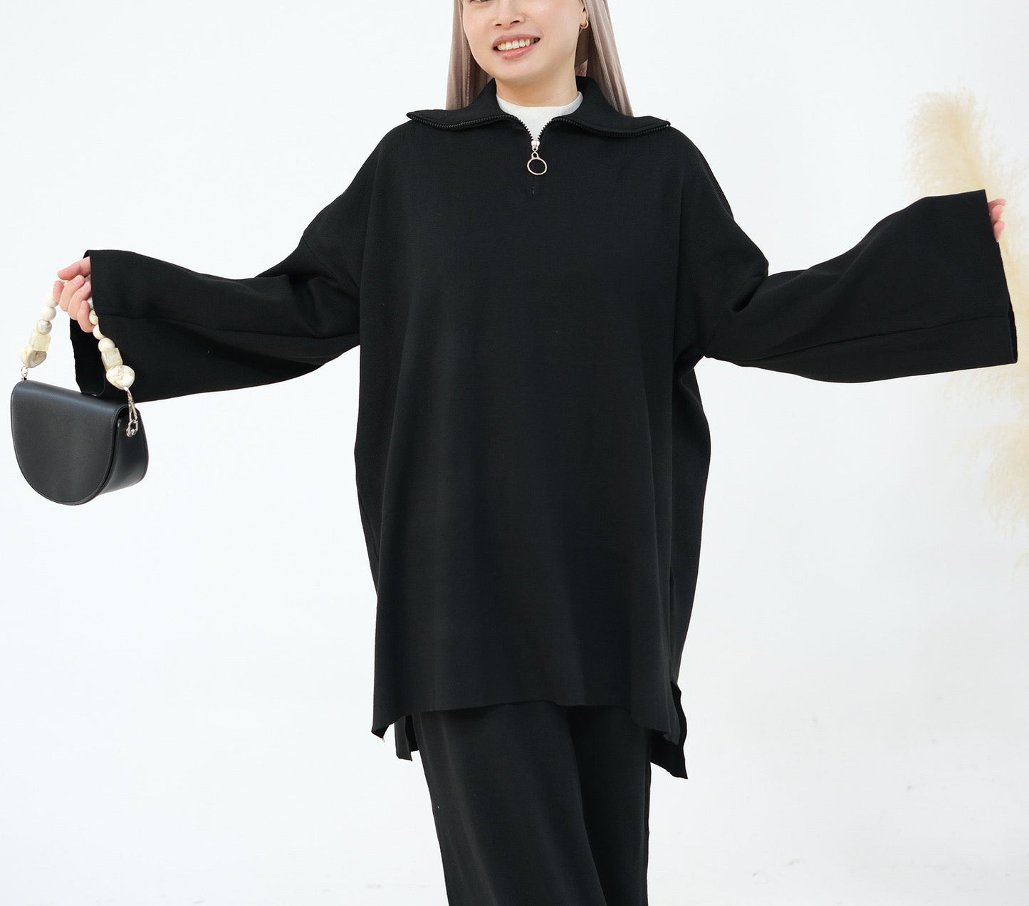 Knit Zipper Wide Sleeve Skirt Set