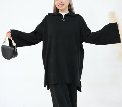 Knit Zipper Wide Sleeve Skirt Set