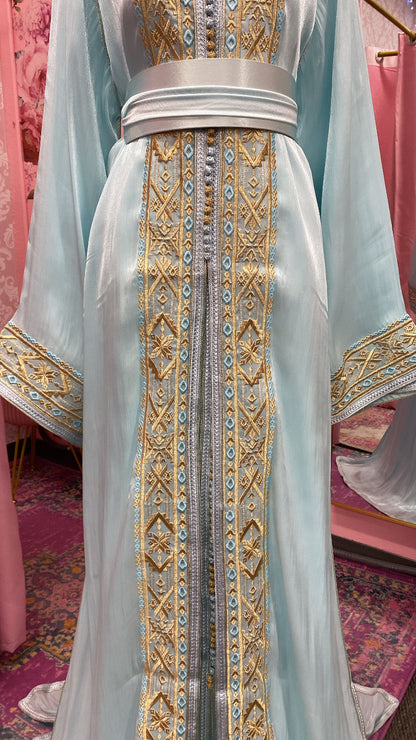 Moroccan Traditional Embroidered Satin Chiffon 2 Piece Caftan
