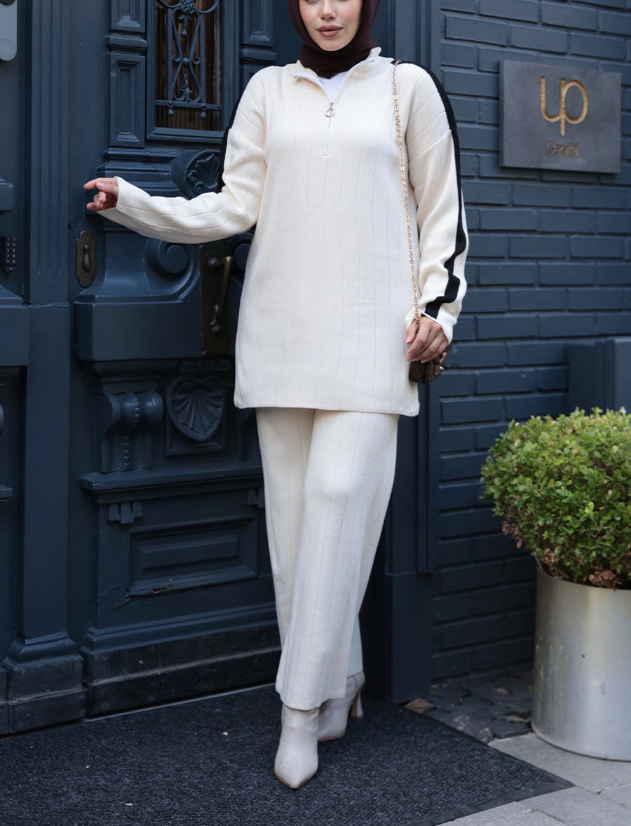 Knit Turkish Style Pleated Striped Co-Ord Set