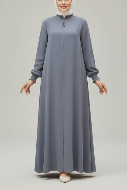 Turkish Style Light Gray Zipper Abaya