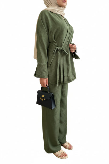Belted Side Tie Kimono Style Pant Suit Set