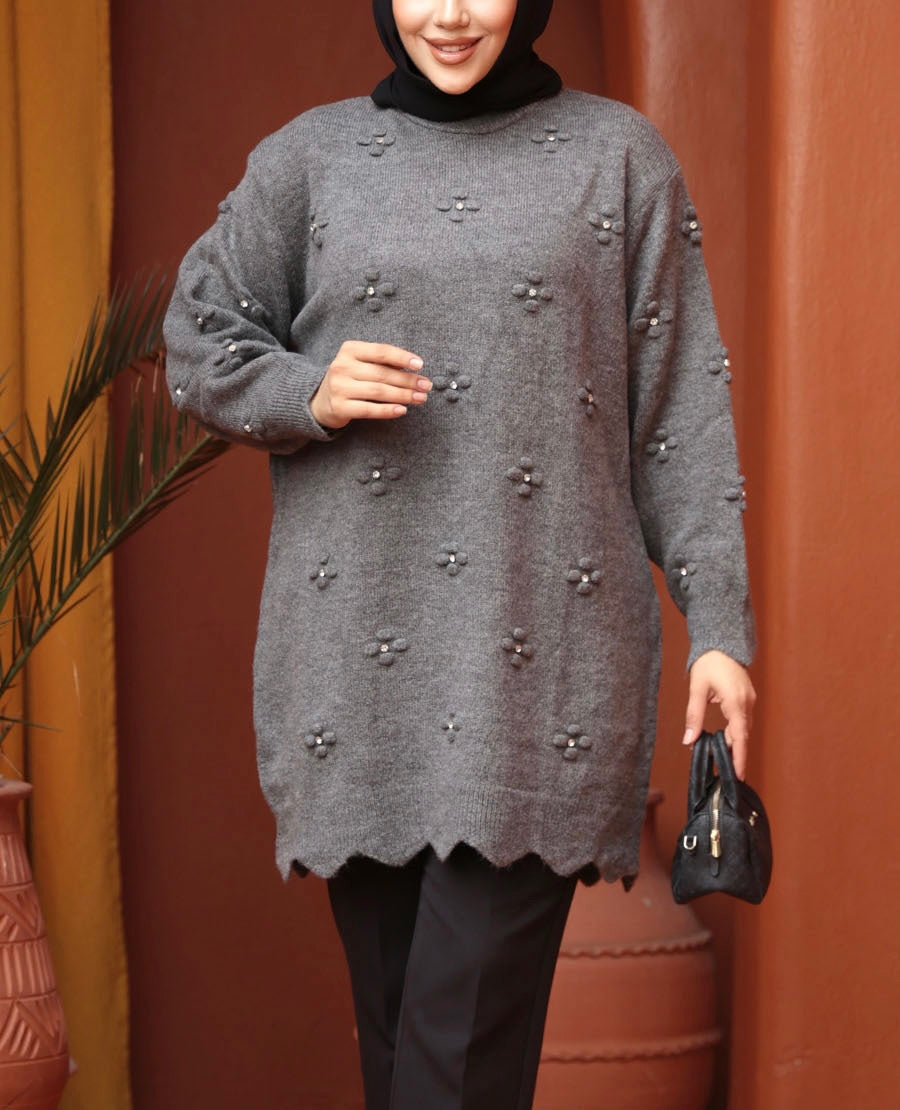 Turkish Style Knit Floral Embellished Sweater
