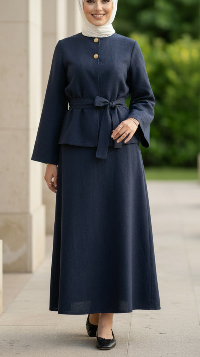 Summer Double Button Top Blue Belted Skirt Set