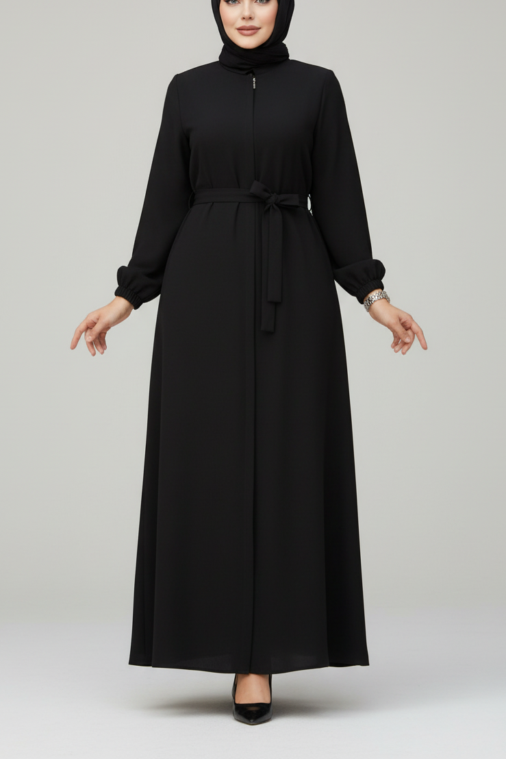 Turkish Style Black Zipper Abaya & Sash