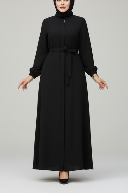 Turkish Style Black Zipper Abaya & Sash