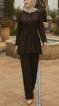 Summer Button-Down Brown Drawstring Top Pant Suit
