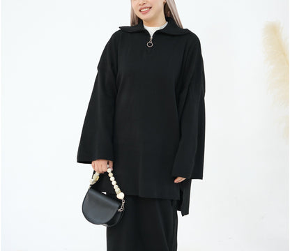 Knit Zipper Wide Sleeve Skirt Set