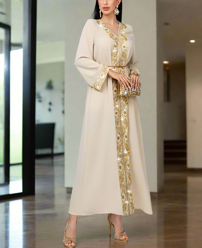 Dubai Style Golden Lace Pearl Embroidery Caftan Abaya Dress