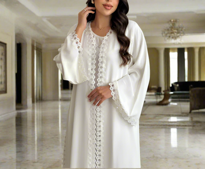 Dubai Style White Long Lace Trim Open Abaya Kimono