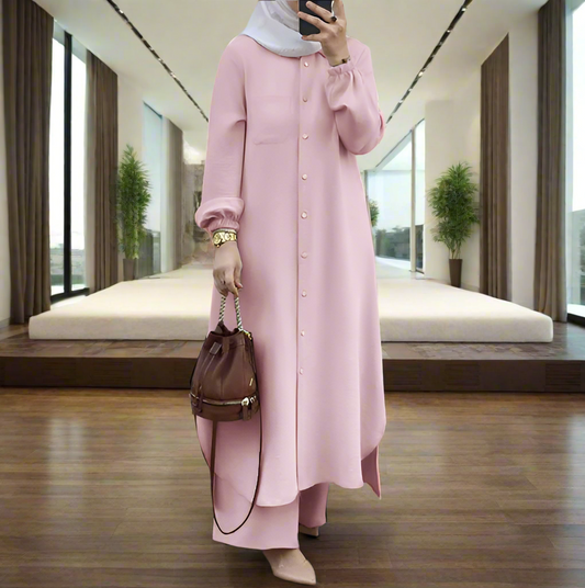 Long Tunic Button Down Pant Suits(Multi Colors)