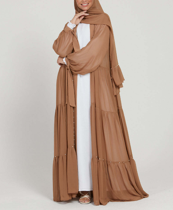 Pearl Embroidered Layered Chiffon Open Abaya Dresses(Multi Colors)