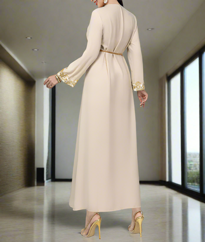 Dubai Style Golden Lace Pearl Embroidery Caftan Abaya Dress