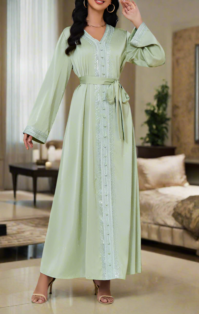Dubai Style Diamond V-neck Caftan Abaya Dress(Multi Colors)