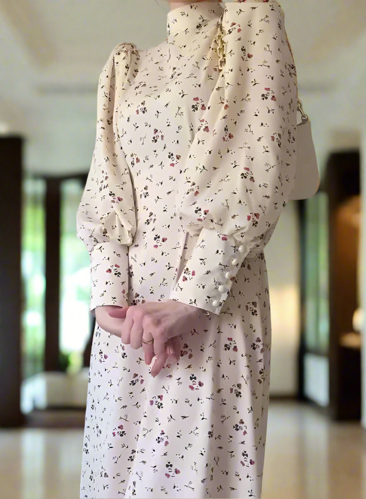 Turkish Cream Floral Dress w/ Tie Back Sash