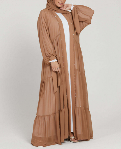 Pearl Embroidered Layered Chiffon Open Abaya Dresses(Multi Colors)