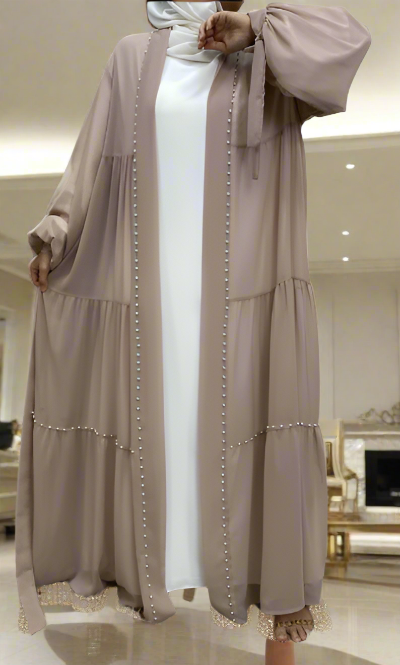 Pearl Embroidered Layered Chiffon Open Abaya Dresses(Multi Colors)