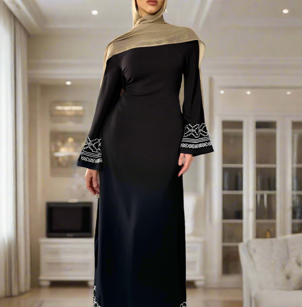 Turkish Style Embroidered Crepe Dresses with Flared Sleeves(Multi Colors)