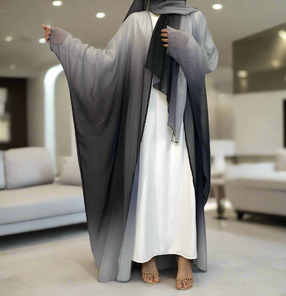 Dubai Style Gradient Black & White Shimmer Open Abaya w/ Hijab